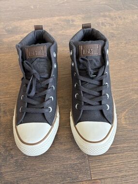 Converse High Top Sneakers (New, Men sz 8) - Dark Gray w/ Tan and White Trim